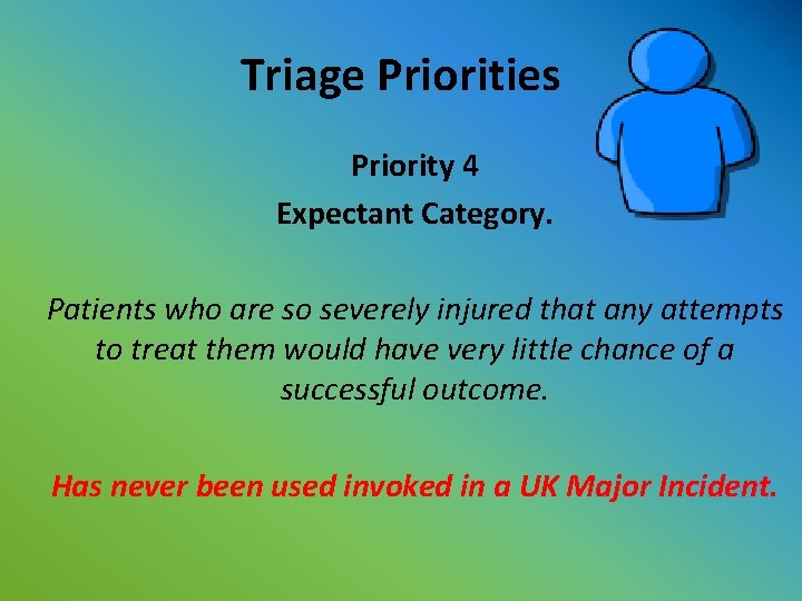 Triage Priorities Priority 4 Expectant Category. Patients who are so severely injured that any