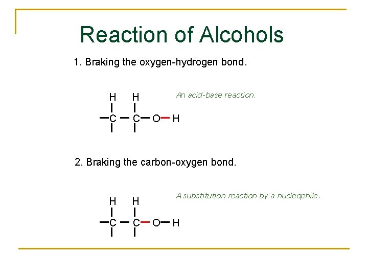 Reaction of Alcohols 1. Braking the oxygen-hydrogen bond. H H C C An acid-base