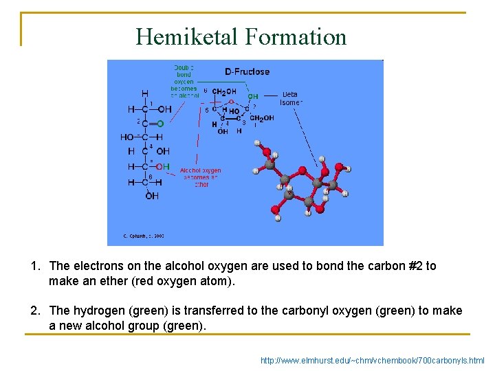 Hemiketal Formation 1. The electrons on the alcohol oxygen are used to bond the