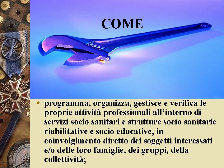 COME w programma, organizza, gestisce e verifica le proprie attività professionali all’interno di servizi