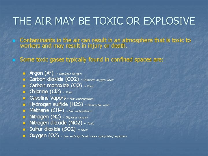 THE AIR MAY BE TOXIC OR EXPLOSIVE n Contaminants in the air can result