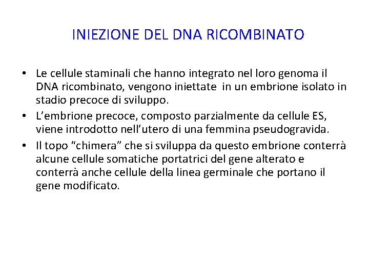 INIEZIONE DEL DNA RICOMBINATO • Le cellule staminali che hanno integrato nel loro genoma