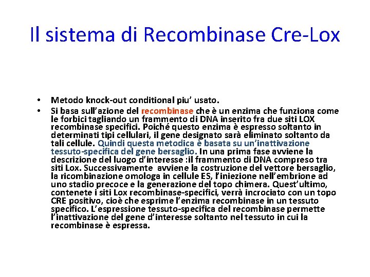 Il sistema di Recombinase Cre-Lox • • Metodo knock-out conditional piu’ usato. Si basa