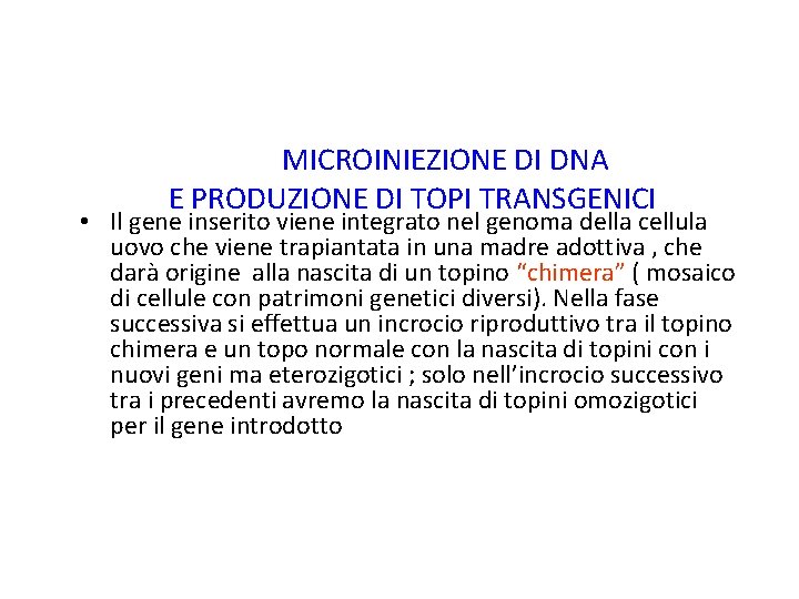 MICROINIEZIONE DI DNA E PRODUZIONE DI TOPI TRANSGENICI • Il gene inserito viene integrato