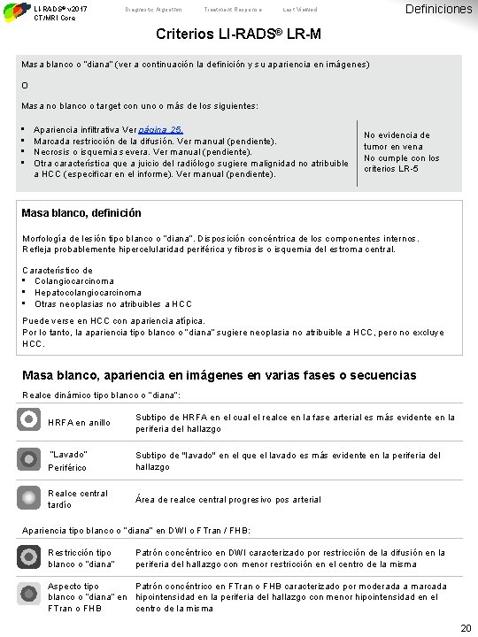 LI-RADS® v 2017 CT/MRI Core Diagnostic Algorithm Treatment Response Definiciones Last Viewed Criterios LI-RADS®