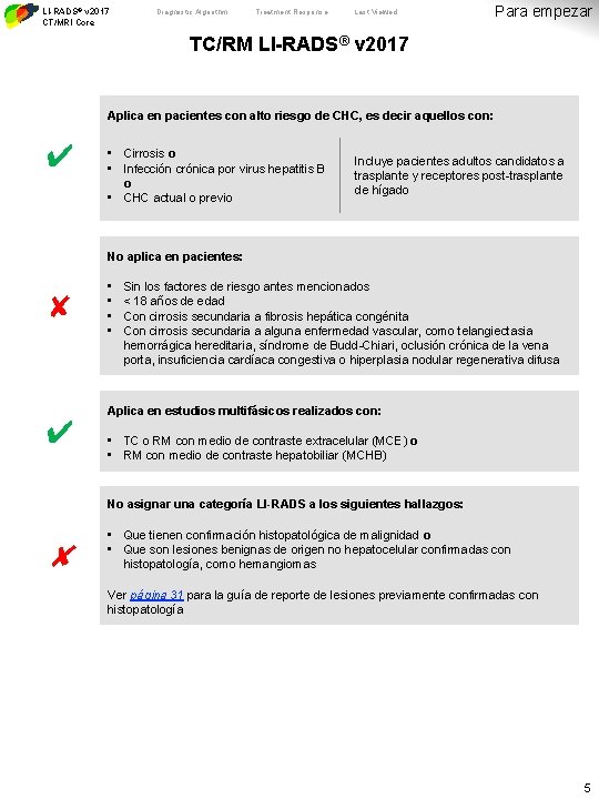 LI-RADS® v 2017 CT/MRI Core Diagnostic Algorithm Treatment Response Last Viewed Para empezar TC/RM