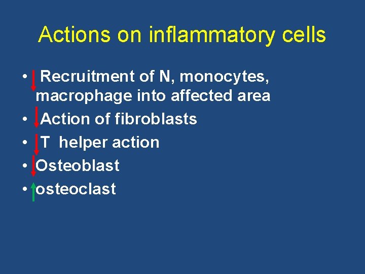 Actions on inflammatory cells • Recruitment of N, monocytes, macrophage into affected area •