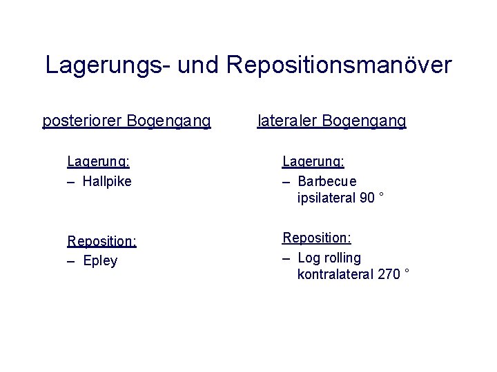 Lagerungs- und Repositionsmanöver posteriorer Bogengang lateraler Bogengang Lagerung: – Hallpike Lagerung: – Barbecue ipsilateral Lagerungs- und Repositionsmanöver posteriorer Bogengang lateraler Bogengang Lagerung: – Hallpike Lagerung: – Barbecue ipsilateral