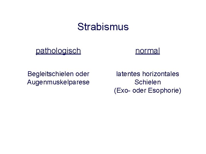 Strabismus pathologisch normal Begleitschielen oder Augenmuskelparese latentes horizontales Schielen (Exo- oder Esophorie) Strabismus pathologisch normal Begleitschielen oder Augenmuskelparese latentes horizontales Schielen (Exo- oder Esophorie)