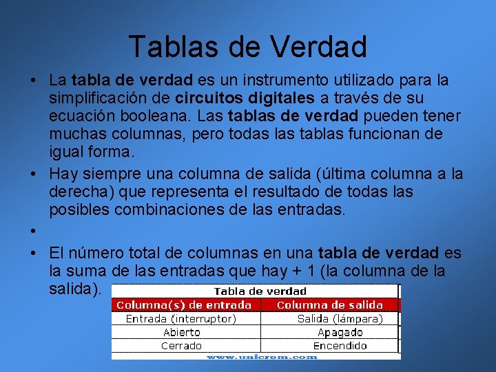 Tablas de Verdad • La tabla de verdad es un instrumento utilizado para la Tablas de Verdad • La tabla de verdad es un instrumento utilizado para la