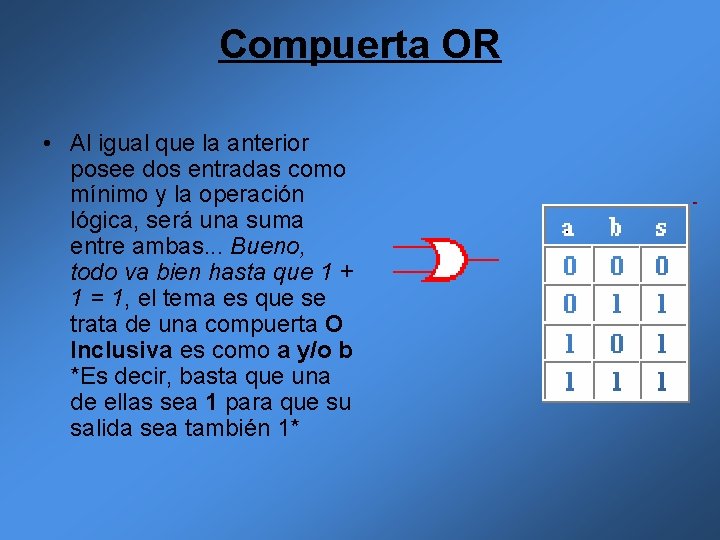Compuerta OR • Al igual que la anterior posee dos entradas como mínimo y Compuerta OR • Al igual que la anterior posee dos entradas como mínimo y