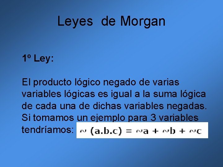 Leyes de Morgan 1º Ley: El producto lógico negado de varias variables lógicas es Leyes de Morgan 1º Ley: El producto lógico negado de varias variables lógicas es