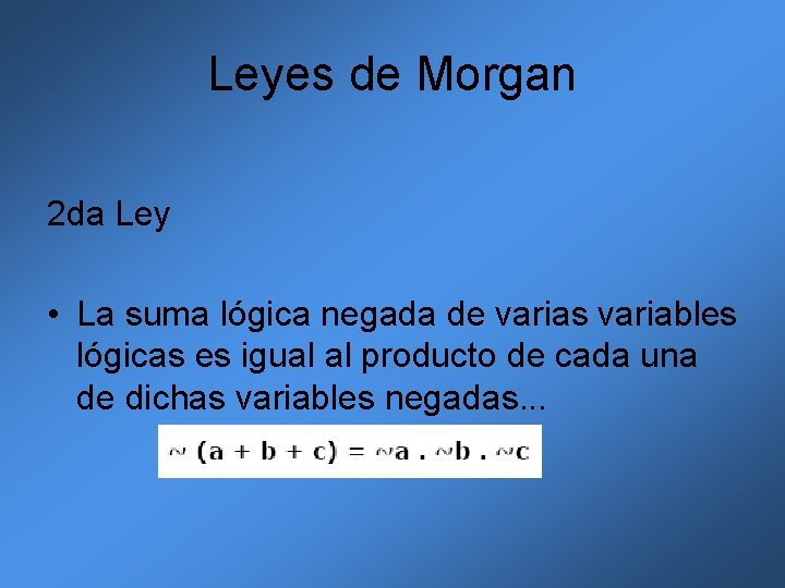 Leyes de Morgan 2 da Ley • La suma lógica negada de varias variables Leyes de Morgan 2 da Ley • La suma lógica negada de varias variables