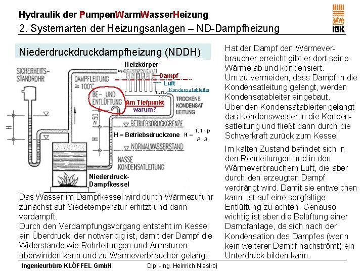 Hydraulik der Pumpen. Warm. Wasser. Heizung 2. Systemarten der Heizungsanlagen – ND-Dampfheizung Niederdruckdampfheizung (NDDH)