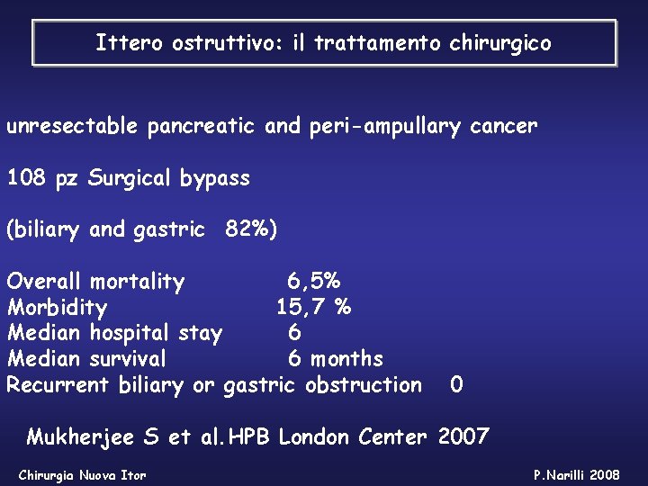 Ittero ostruttivo: il trattamento chirurgico unresectable pancreatic and peri-ampullary cancer 108 pz Surgical bypass