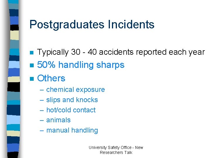 Postgraduates Incidents n Typically 30 - 40 accidents reported each year n 50% handling Postgraduates Incidents n Typically 30 - 40 accidents reported each year n 50% handling