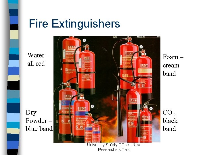 Fire Extinguishers Water – all red Foam – cream band Dry Powder – blue Fire Extinguishers Water – all red Foam – cream band Dry Powder – blue
