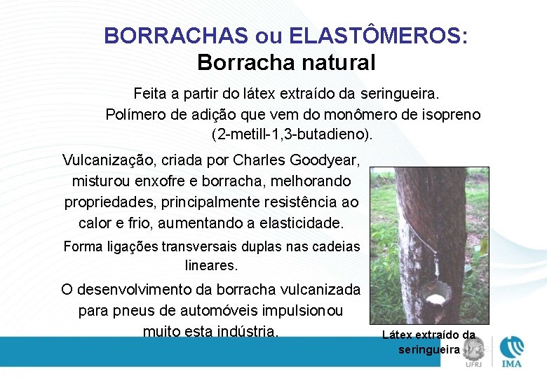 BORRACHAS ou ELASTÔMEROS: Borracha natural Feita a partir do látex extraído da seringueira. Polímero