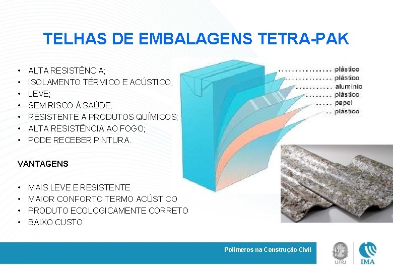 TELHAS DE EMBALAGENS TETRA-PAK • • ALTA RESISTÊNCIA; ISOLAMENTO TÉRMICO E ACÚSTICO; LEVE; SEM