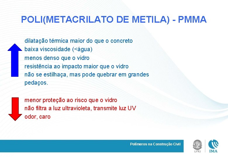 POLI(METACRILATO DE METILA) - PMMA dilatação térmica maior do que o concreto baixa viscosidade