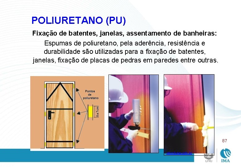 POLIURETANO (PU) Fixação de batentes, janelas, assentamento de banheiras: Espumas de poliuretano, pela aderência,