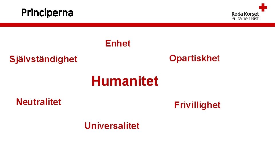 Principerna Enhet Opartiskhet Självständighet Humanitet Neutralitet Frivillighet Universalitet 