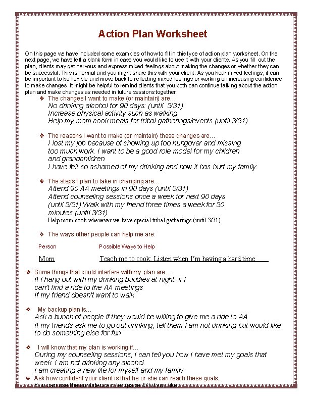 Action Plan Worksheet On this page we have included some examples of how to