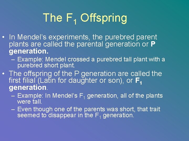 The F 1 Offspring • In Mendel’s experiments, the purebred parent plants are called