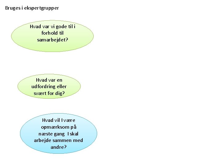 Bruges i ekspertgrupper Hvad var vi gode til i forhold til samarbejdet? Hvad var