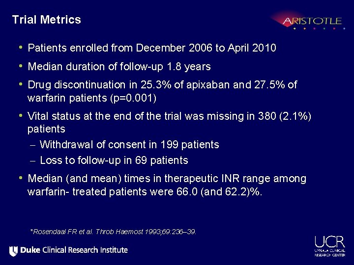 Trial Metrics • Patients enrolled from December 2006 to April 2010 • Median duration