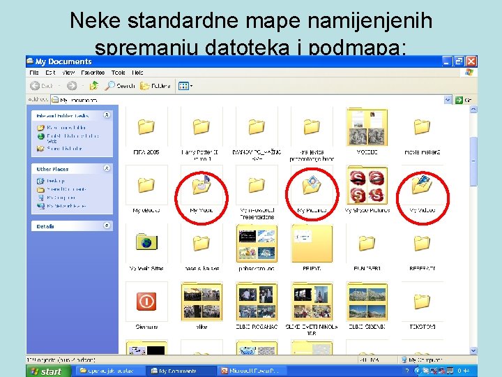 Neke standardne mape namijenjenih spremanju datoteka i podmapa: • U sklopu sustava Windows već