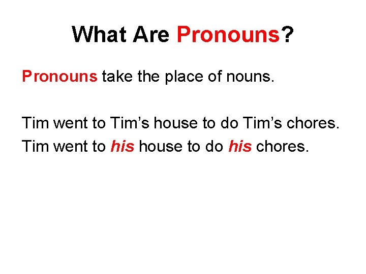 What Are Pronouns? Pronouns take the place of nouns. Tim went to Tim’s house