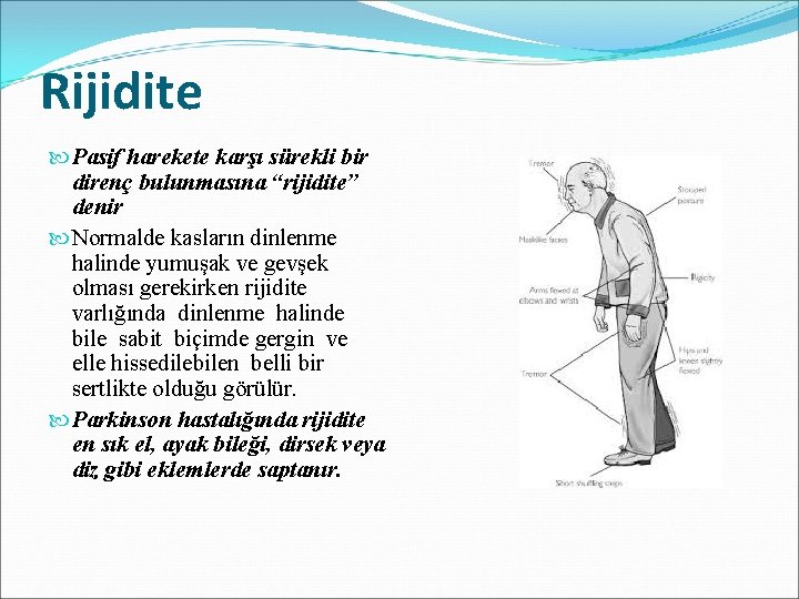 Rijidite Pasif harekete karşı sürekli bir direnç bulunmasına “rijidite” denir Normalde kasların dinlenme halinde