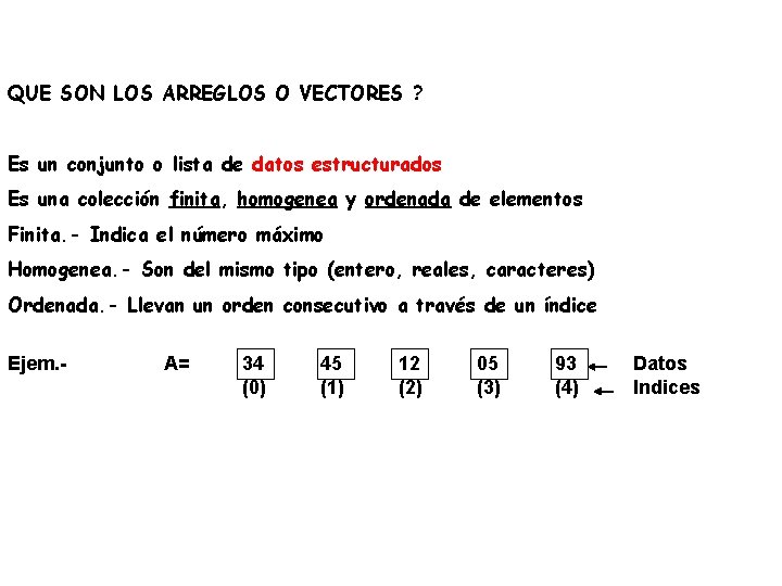 QUE SON LOS ARREGLOS O VECTORES ? Es un conjunto o lista de datos