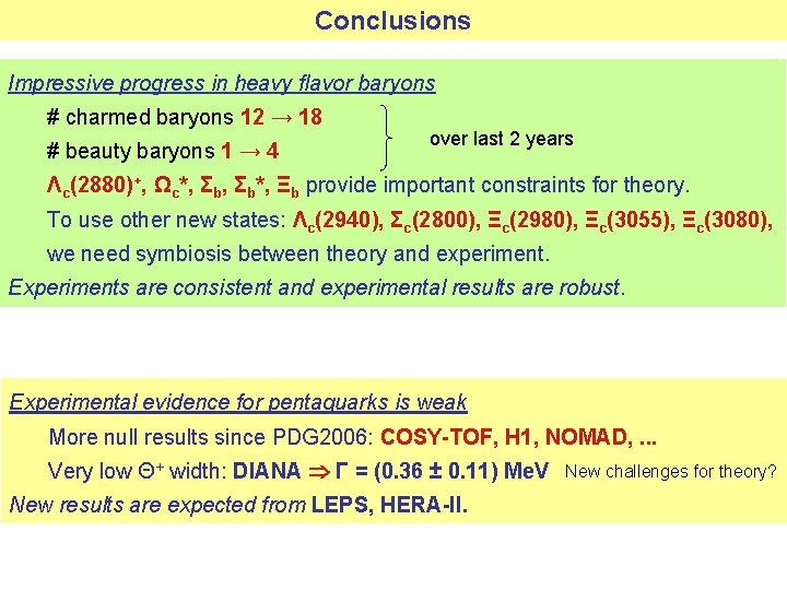 Conclusions Impressive progress in heavy flavor baryons # charmed baryons 12 → 18 #