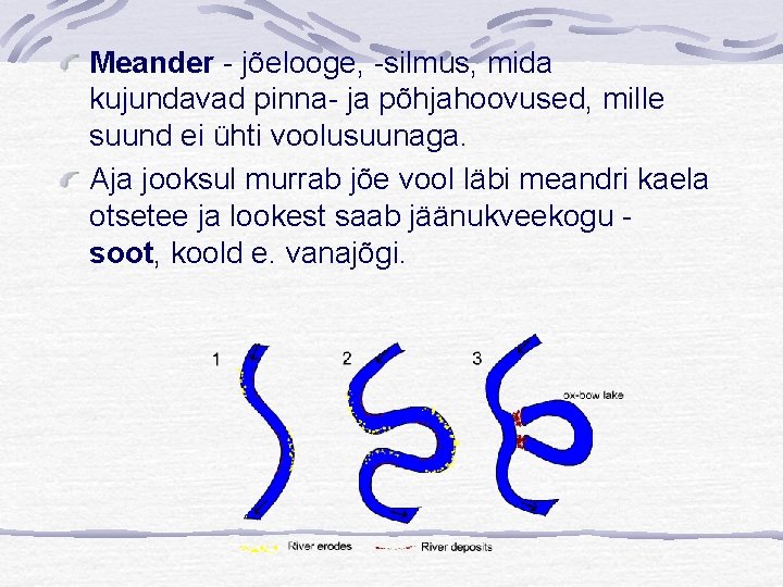 Meander - jõelooge, -silmus, mida kujundavad pinna- ja põhjahoovused, mille suund ei ühti voolusuunaga.