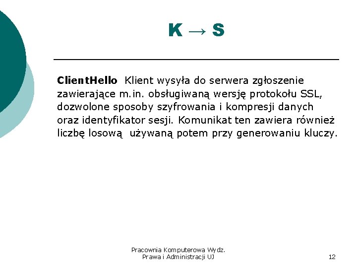 K→S Client. Hello Klient wysyła do serwera zgłoszenie zawierające m. in. obsługiwaną wersję protokołu