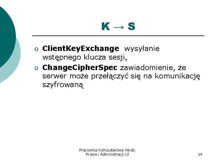 K→S ¡ ¡ Client. Key. Exchange wysyłanie wstępnego klucza sesji, Change. Cipher. Spec zawiadomienie,