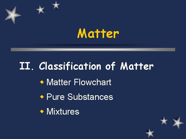 Matter II. Classification of Matter w Matter Flowchart w Pure Substances w Mixtures 