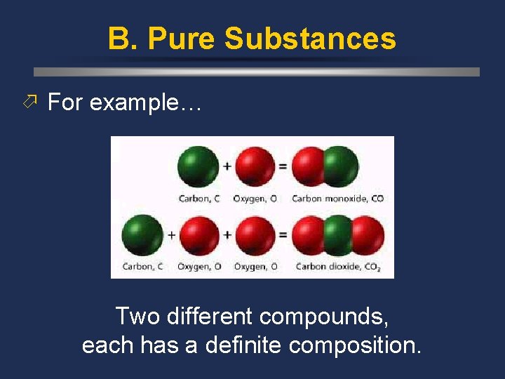 B. Pure Substances ö For example… Two different compounds, each has a definite composition.
