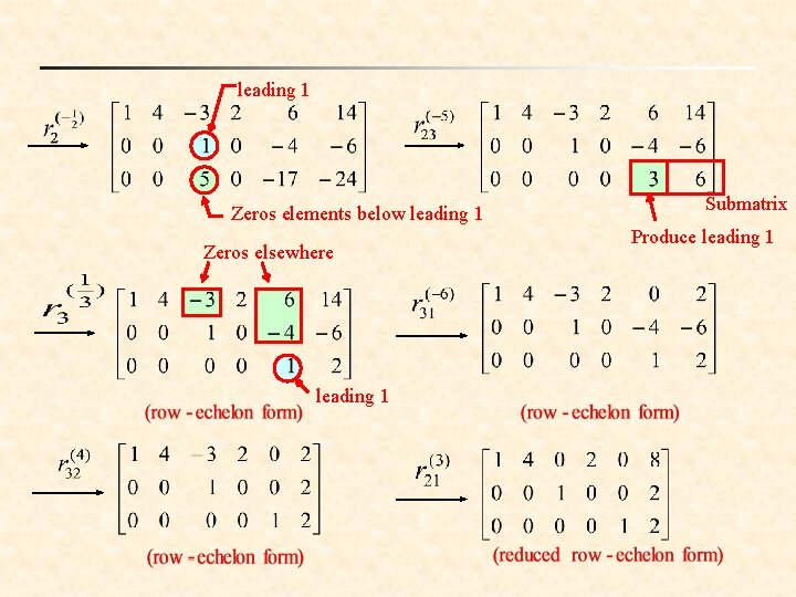 leading 1 Zeros elements below leading 1 Zeros elsewhere leading 1 Submatrix Produce leading