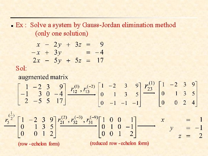 n Ex : Solve a system by Gauss-Jordan elimination method (only one solution) Sol: