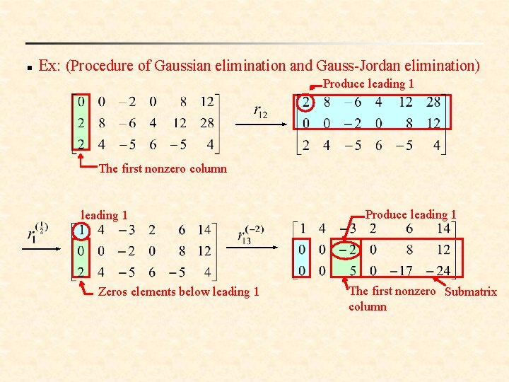 n Ex: (Procedure of Gaussian elimination and Gauss-Jordan elimination) Produce leading 1 The first