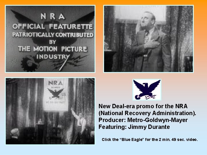 New Deal-era promo for the NRA (National Recovery Administration). Producer: Metro-Goldwyn-Mayer Featuring: Jimmy Durante