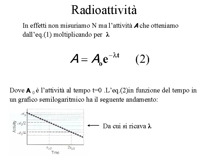 Radioattività In effetti non misuriamo N ma l’attività A che otteniamo dall’eq. (1) moltiplicando