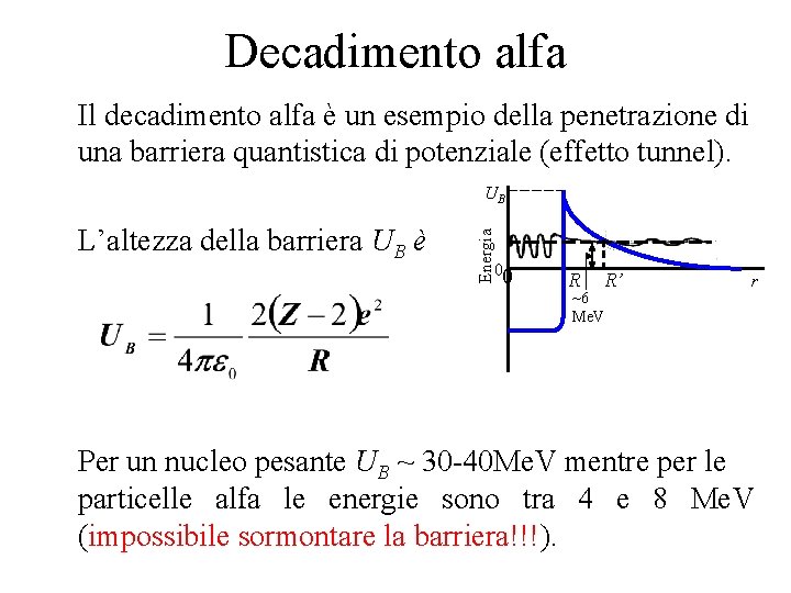 Decadimento alfa Il decadimento alfa è un esempio della penetrazione di una barriera quantistica