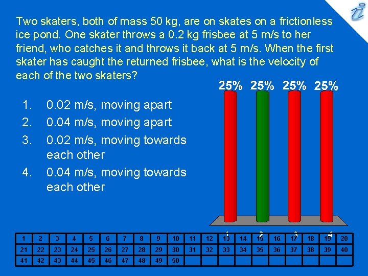 Two skaters, both of mass 50 kg, are on skates on a frictionless ice