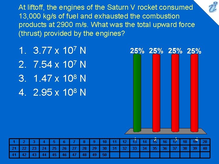 At liftoff, the engines of the Saturn V rocket consumed 13, 000 kg/s of