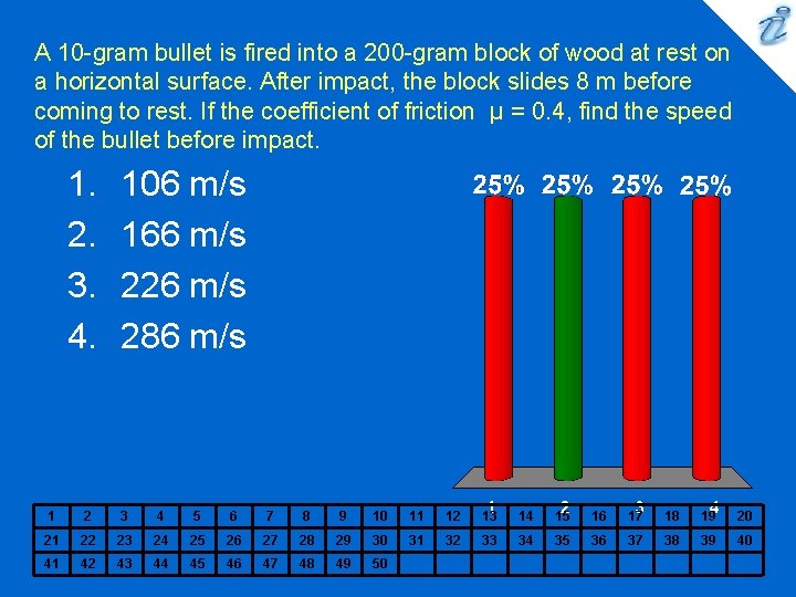 A 10 -gram bullet is fired into a 200 -gram block of wood at