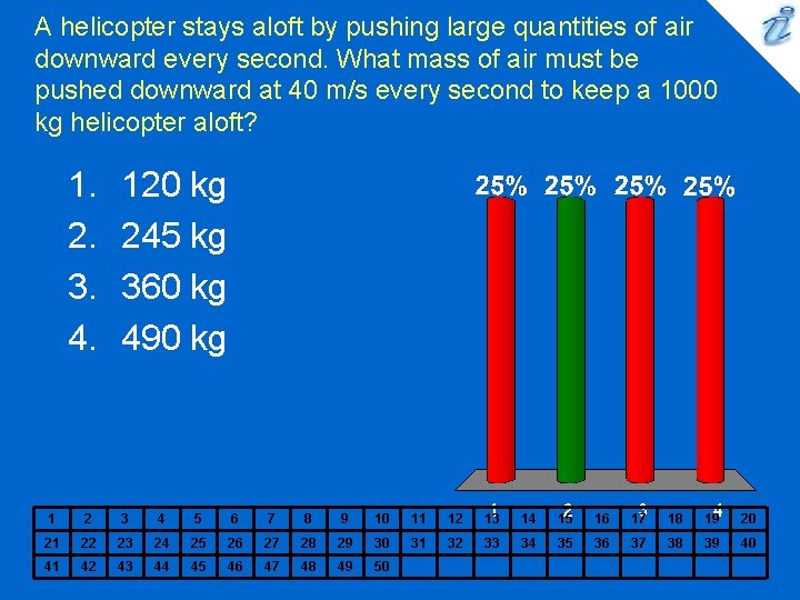 A helicopter stays aloft by pushing large quantities of air downward every second. What